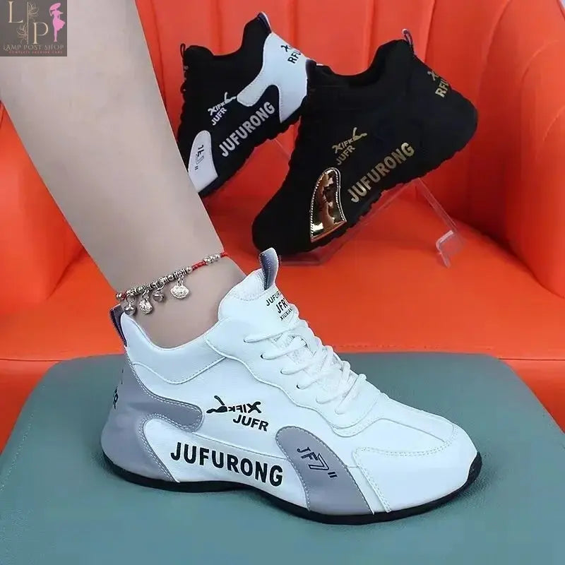 White women's summer sneakers with lace-up design, platform sole, casual sports style, suitable for walking and everyday wear.