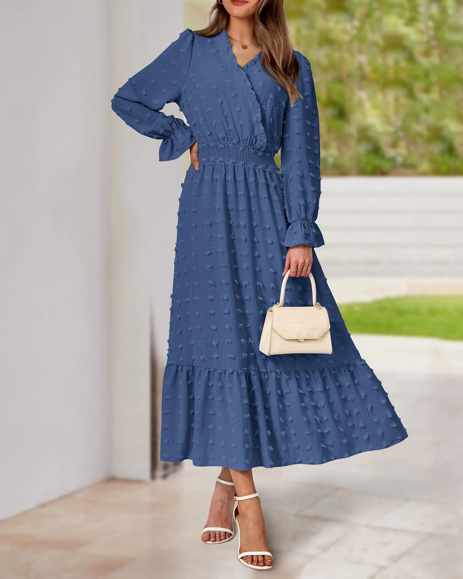 BTFBM Women Fall Dresses 2024 Long Sleeve V Neck Swiss Dots Maxi Dress Boho Long Dress High Waisted A-Line Ruffle Dress Small Solid Blue