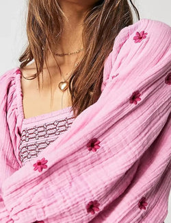 Women Floral Embroidered Maxi Dress Long Puff Sleeve Square Neck Bohemian Flowy Dress with Pockets Smocked Fall Dress Large Pink