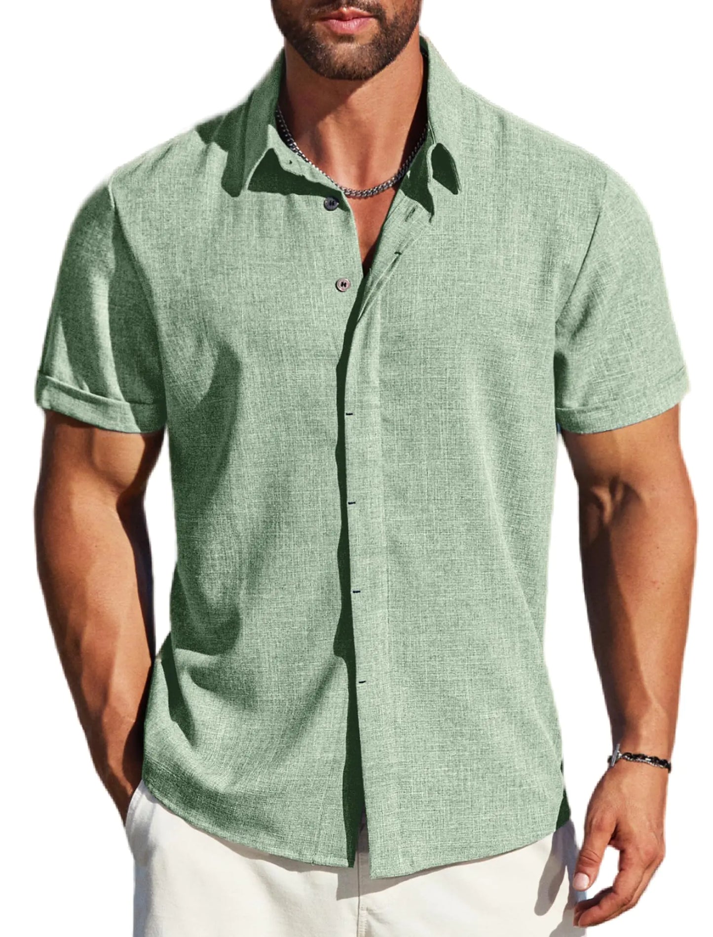 Men's Linen Shirts Short Sleeve Men Casual Shirt Business Dress Clothing Beach Fashion Summer Tops 3X-Large Green