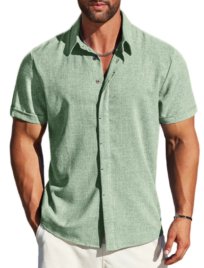 Men's Linen Shirts Short Sleeve Men Casual Shirt Business Dress Clothing Beach Fashion Summer Tops 3X-Large Green